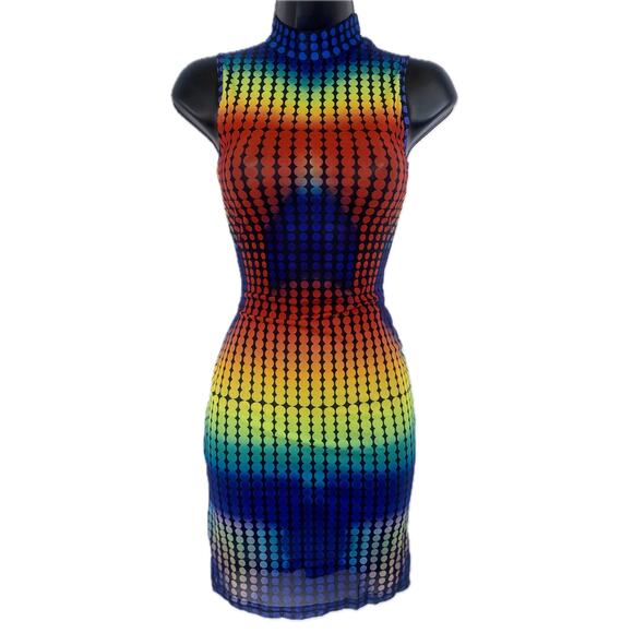 NEW Small Y2k Mesh Rainbow Heatmap 90's Bodycon Mini Dress Sheer Ombre Stretchy - Picture 4 of 6